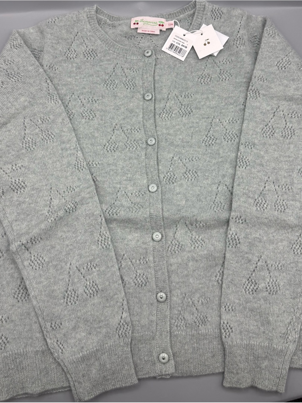 Bonpoint Light Gray Pointelle Button Cardigan